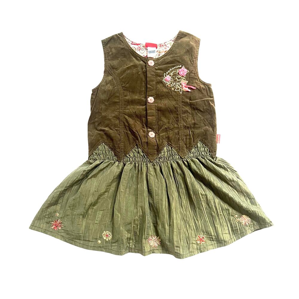 Pampolina Girls Dress 3T Green Corduroy & Taffeta Embroidered Sleeveless $110
